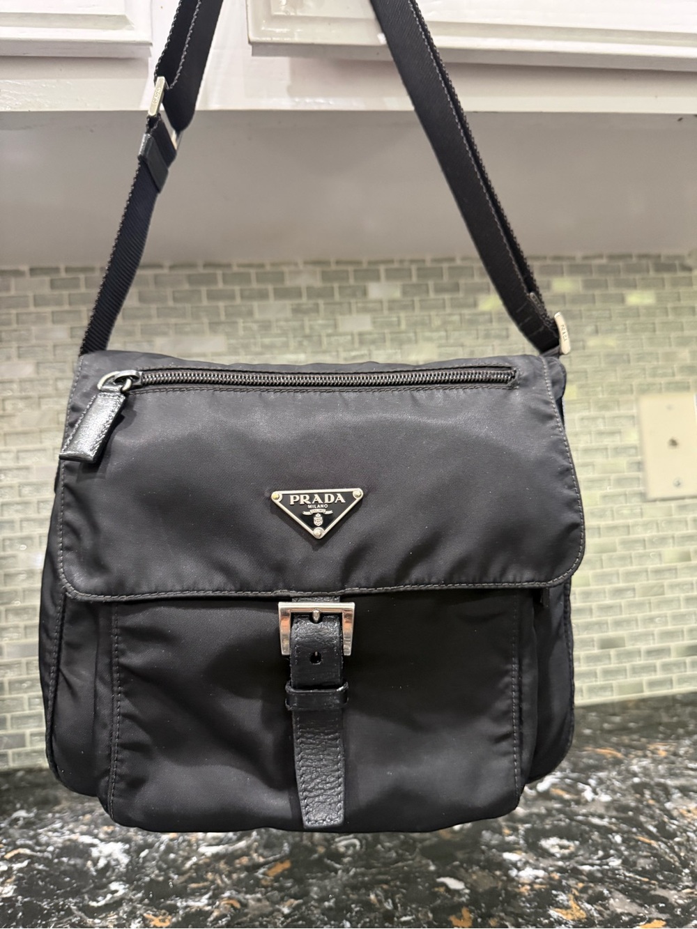 Prada Black Nylon Messenger Bag with Leather Trim